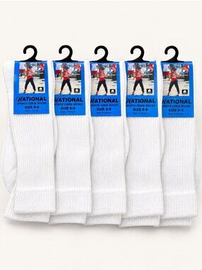 National Sports Crew Socks 5 Pairs White Size 6-8 Cotton Blend NEW